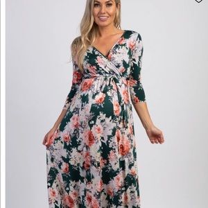 PinkBlush Green Floral Sash Tie Maternity/Nursing Maxi Dress